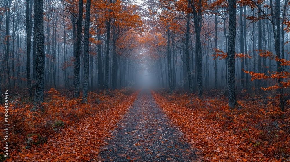 Fototapeta premium Foggy Forest Road Disappearing into Mysterious Haze and Autumn Colors