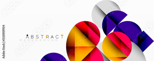 Abstract geometric artwork with overlapping circles and gradients, circle square triangle shapes background featuring sharp angular cuts, smooth shading, and structured layered composition
