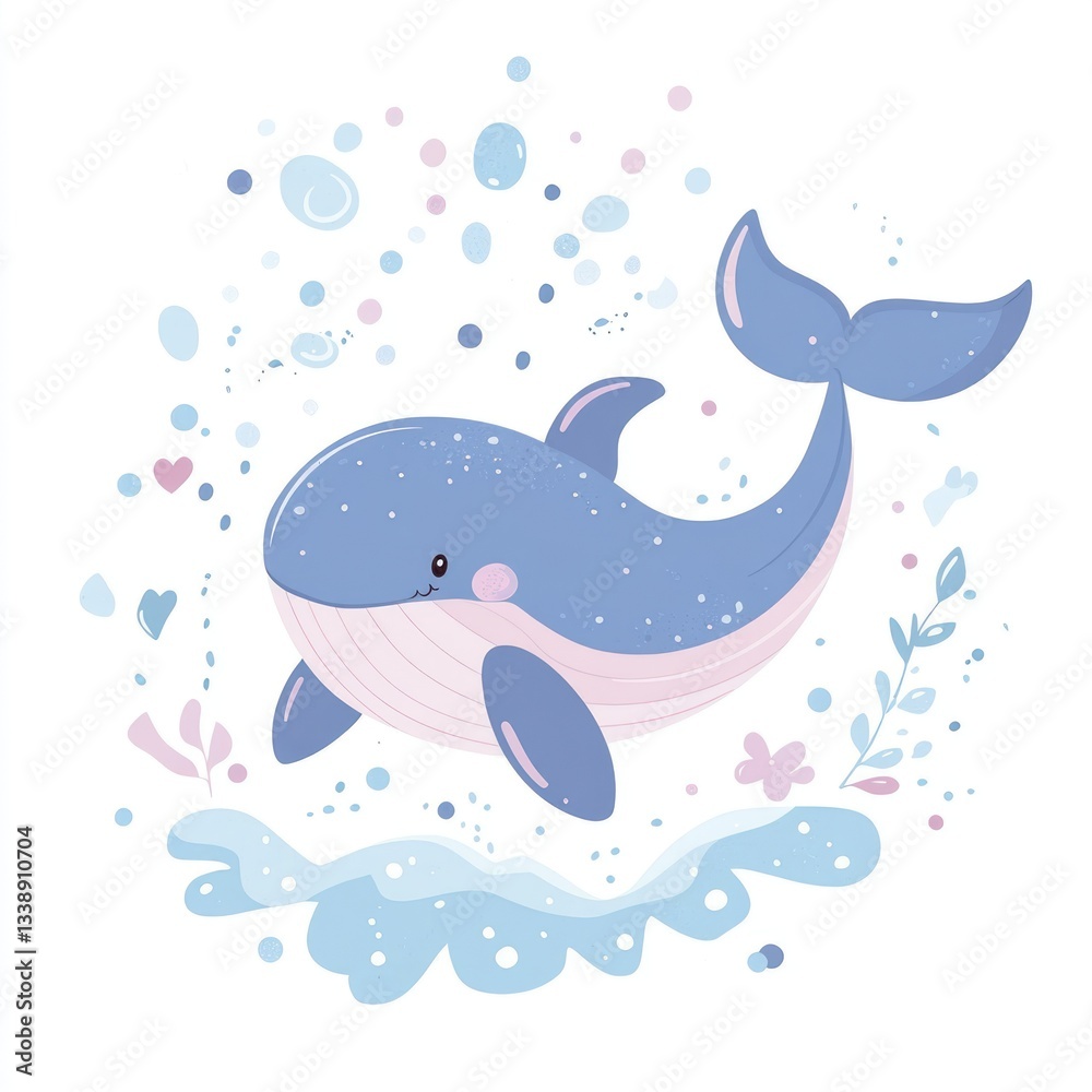 Cute whale jumping in ocean, surrounded by bubbles and flowers. Perfect for kids' decor Cute whale jumping in ocean, surrounded by bubbles and flowers. Perfect for kids' decor