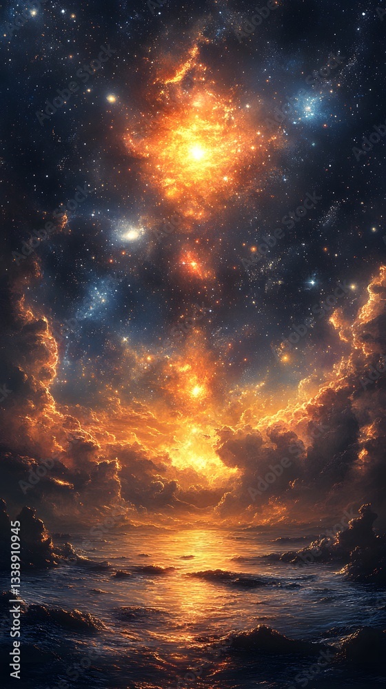 Obraz premium Celestial Majesty: A breathtaking cosmic display of stars, nebulae, and galaxies illuminating the night sky above a serene body of water, creating a scene of wonder and infinite beauty.