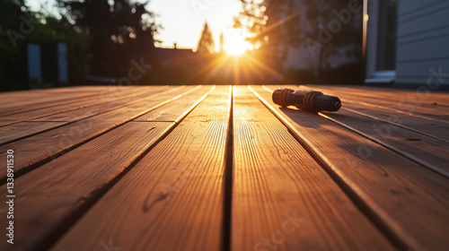 Sunset view of a nearly finished wooden deck, with a drill resting on the surface, symbolizing the rewarding process of home improvement and outdoor space transformation.