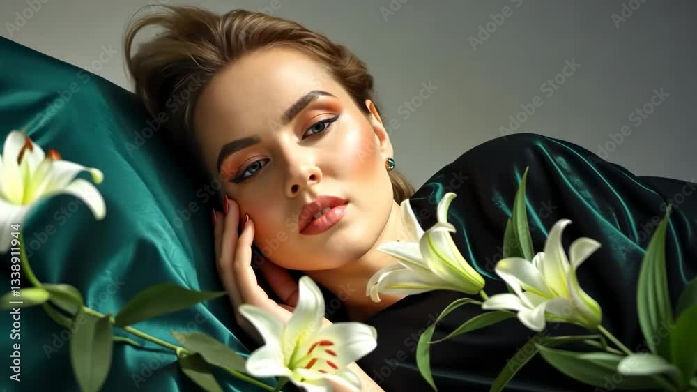 Elegant woman posing with lilies in luxurious green ensemble