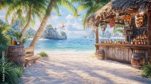 A wooden hut with tribal masks, known as a tiki bar, serves drinks and snacks on a summer beach. A modern cartoon tropical landscape with the sea, palm trees, and a cafe offering cocktails. An exotic