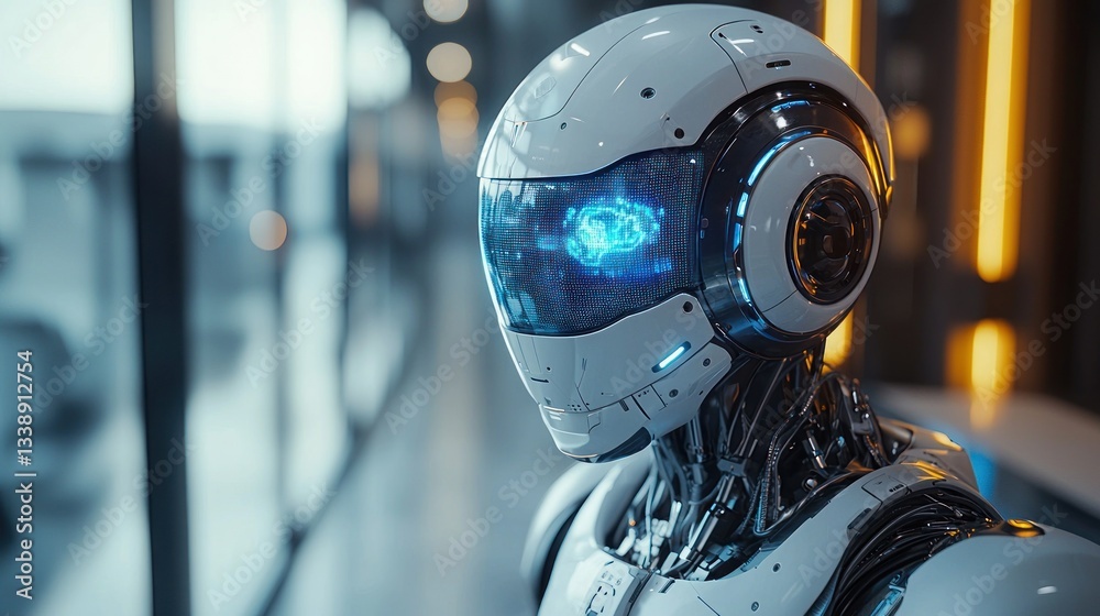 Futuristic AI Robot Companion with Holographic Display in Modern Setting Futuristic AI Robot Companion with Holographic Display in Modern Setting