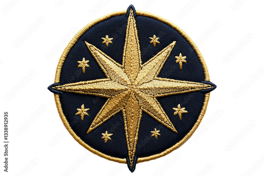Intricate gold and navy compass rose patch with stars in detailed embroidery design