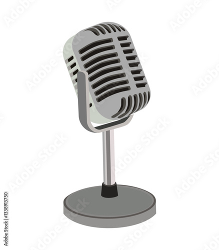 Vintage retro microphone illustration in gray tones, isolated on white background