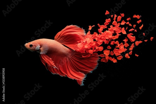 Betta fish with flowing red fins surrounded by rose petals on a black background