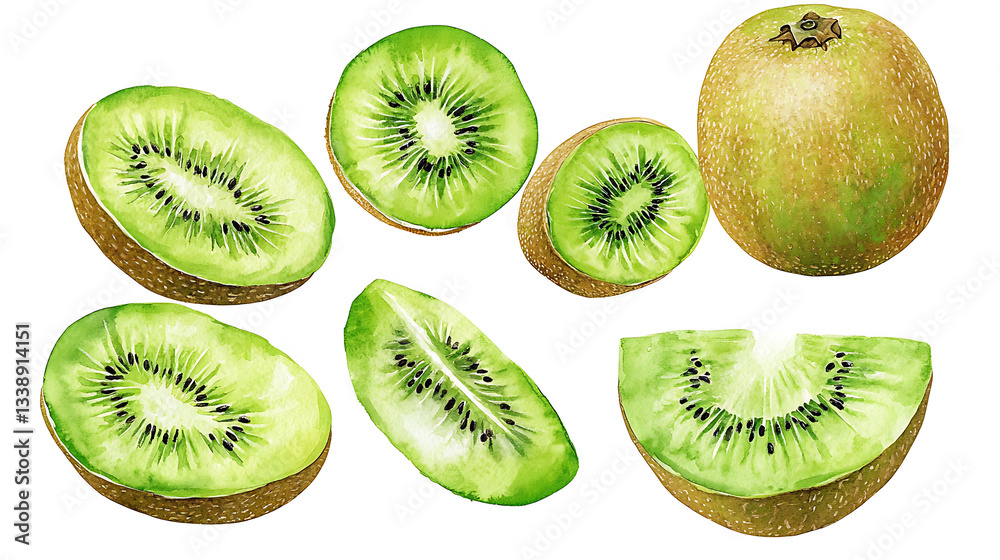 Fototapeta premium Set of kiwi fruits. Watercolor illustration. Collection of fruits. Isolated on white background. Hand paint.