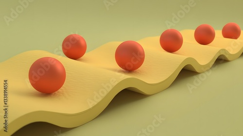 Abstract 3D Render,  Red Balls Rolling on Yellow Wavy Surface