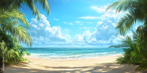 Tropical Beach Paradise: A captivating view of a tropical beach, framed by lush palm trees, with soft sand leading to the turquoise ocean under a bright, cloud-dappled sky. 