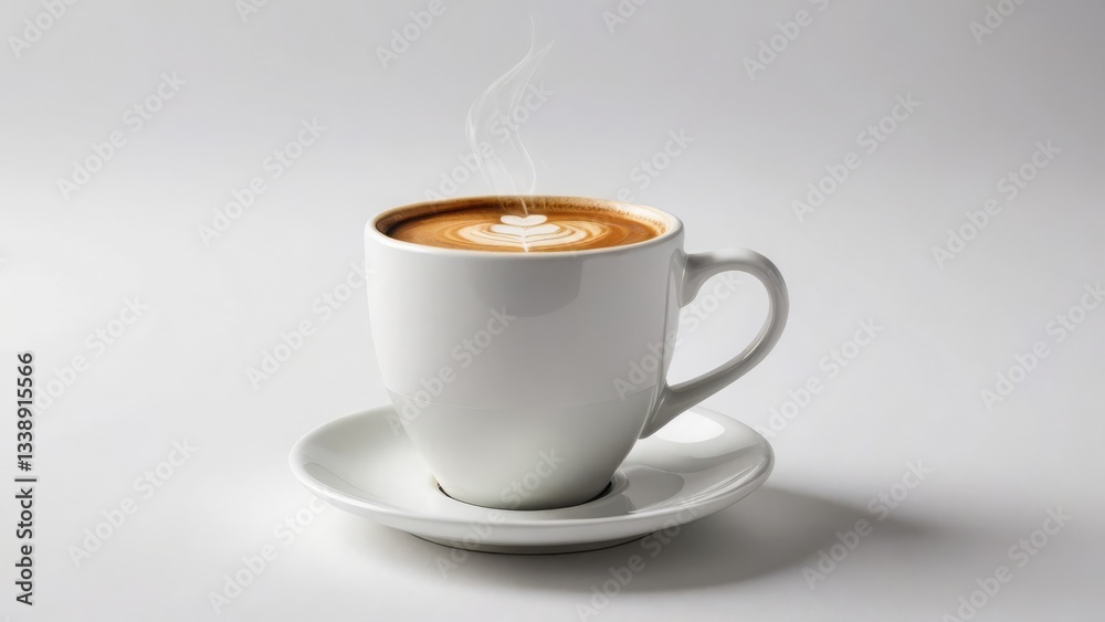 White coffee cup with latte art and steam on a saucer, sophisticated White coffee cup with latte art and steam on a saucer, sophisticated