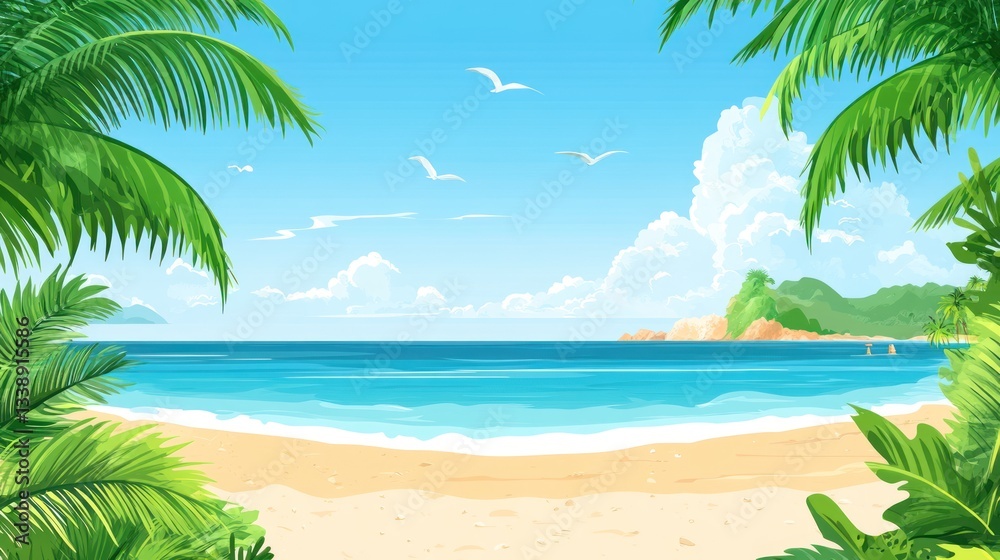 Fototapeta premium Tropical beach scene framed by palm trees, sunny day, ocean view