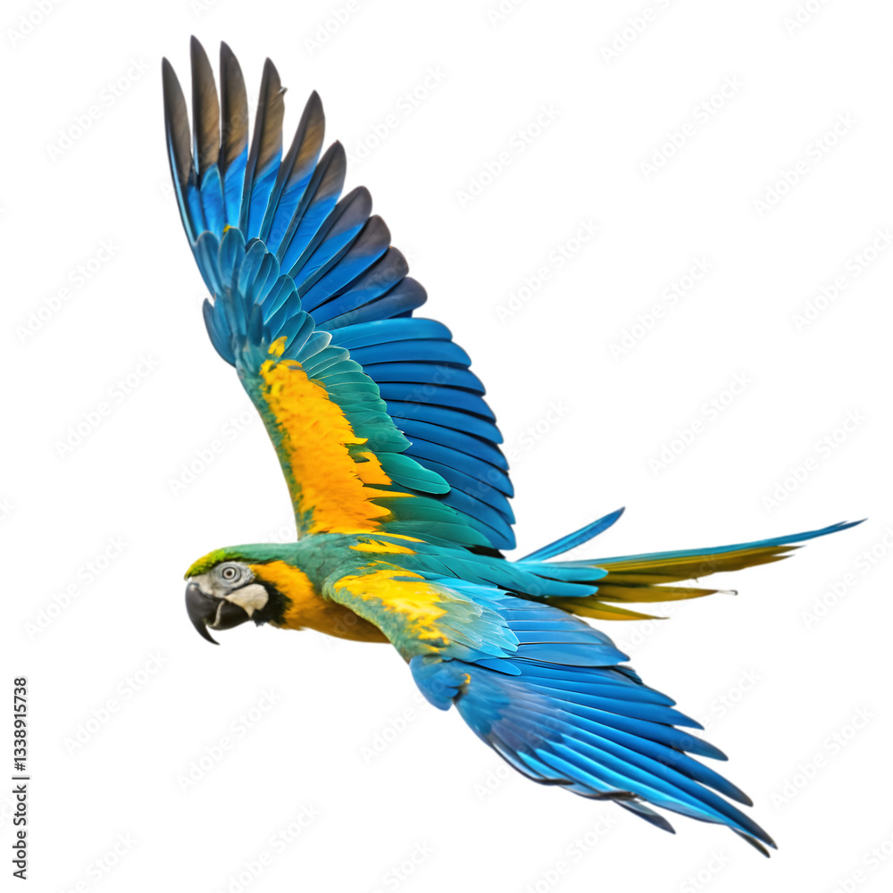 Fototapeta premium Blue-Gold Macaw in Flight on transparent background