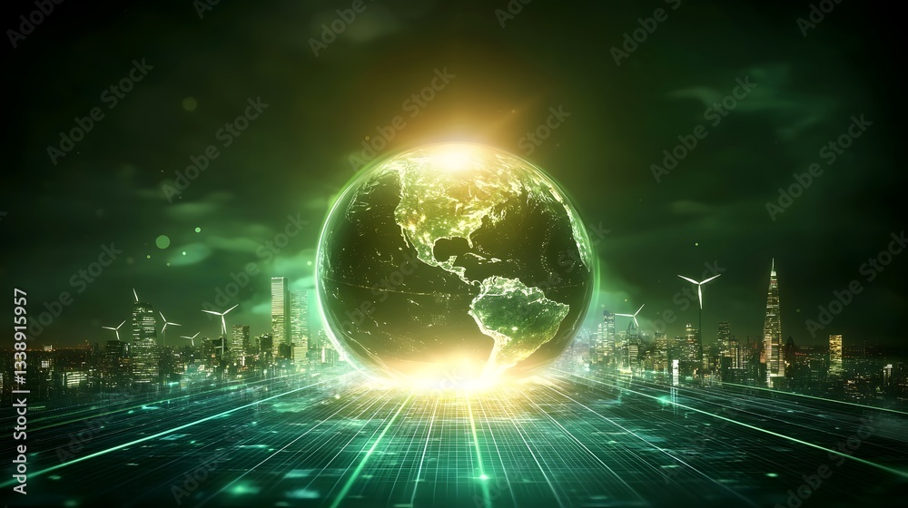 Naklejka premium Futuristic eco friendly metropolis with AI powered renewable energy management system Skyscrapers covered in solar panels wind farms on the outskirts