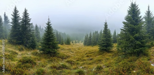 Wallpaper Mural Fog enveloping spruce trees in a mountain forest landscape Torontodigital.ca