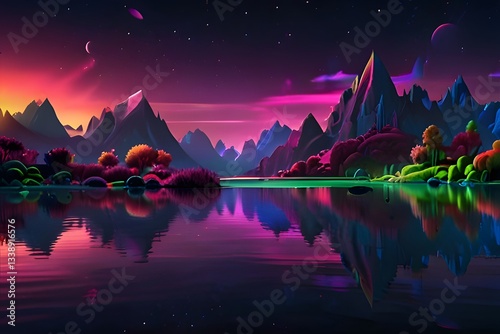 Beautiful Patagonia landscape of Andes mountain range with high mountains with illuminated peaks, stones in mountain lake, reflection, violet sky and fog at the sunset.
