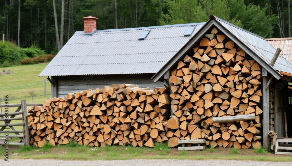 Wood stacking event at a rustic cabin outdoor environment nature photography tranquil setting Wood stacking event at a rustic cabin outdoor environment nature photography tranquil setting