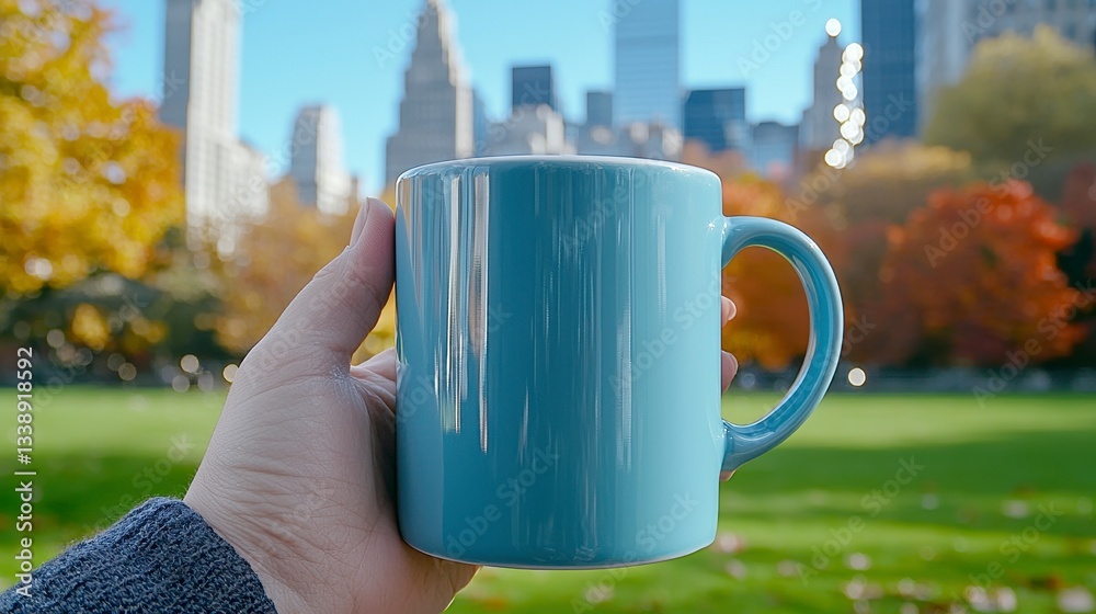 Obraz premium Hand Holding Light Blue Mug in Autumn Park with City Skyline