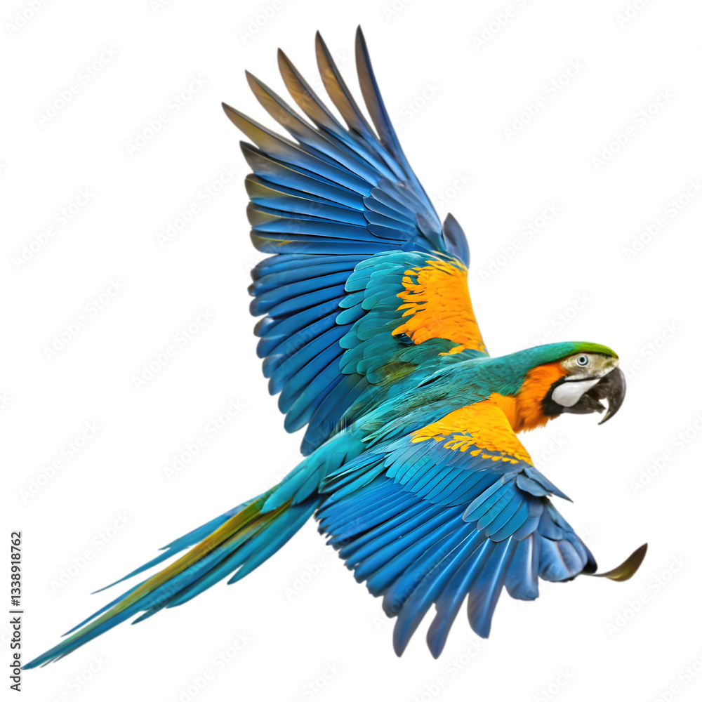 Fototapeta premium Blue-Gold Macaw in Flight on transparent background