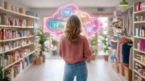 Hyper detailed scene showcasing cloud powered 3D virtual stores interactive shopping spaces AI driven supply chain analytics futuristic smart warehouses