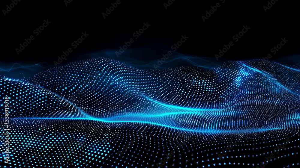 Digital Data Wave with Glowing Blue Dots on Black Background for AI and Technology Concept Digital Data Wave with Glowing Blue Dots on Black Background for AI and Technology Concept