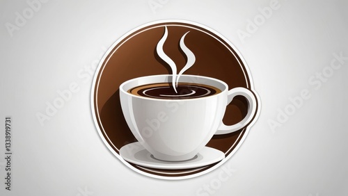 White coffee cup with steam in a brown circle, simple design