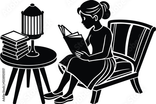 Reading A child sitting at a desk, holding a book open in front of them, focused on reading. full length silhouette black illustration