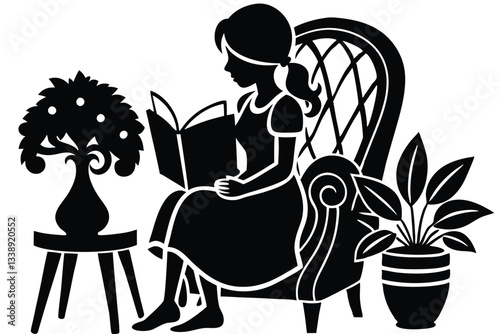 Reading A child sitting at a desk, holding a book open in front of them, focused on reading. full length silhouette black illustration