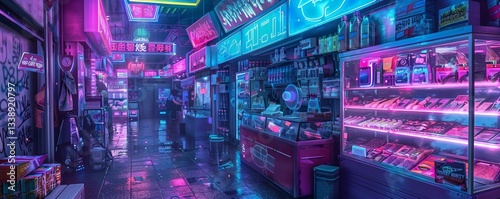 Cyberpunk street market with neon signs and futuristic goods, 4K illustration.