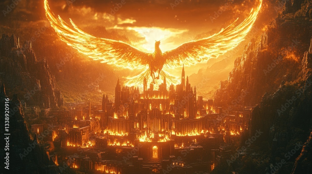 Obraz premium Fiery Phoenix over Burning Cityscape