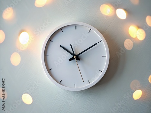 Minimalist Black Clock Numbers & Arrows on White, Bokeh Background Stock Photo