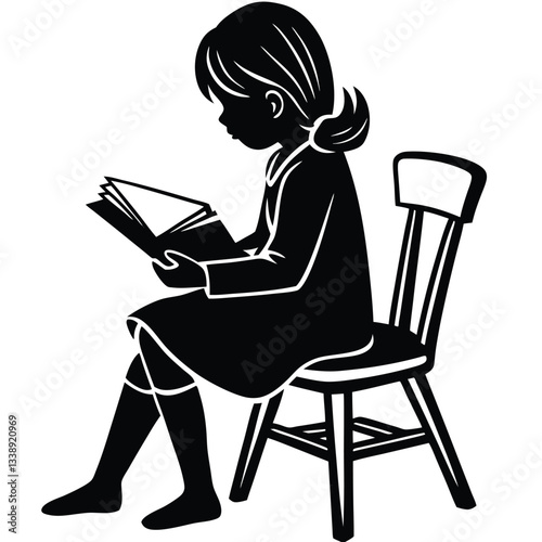 Reading A child sitting at a desk, holding a book open in front of them, focused on reading. full length silhouette black illustration