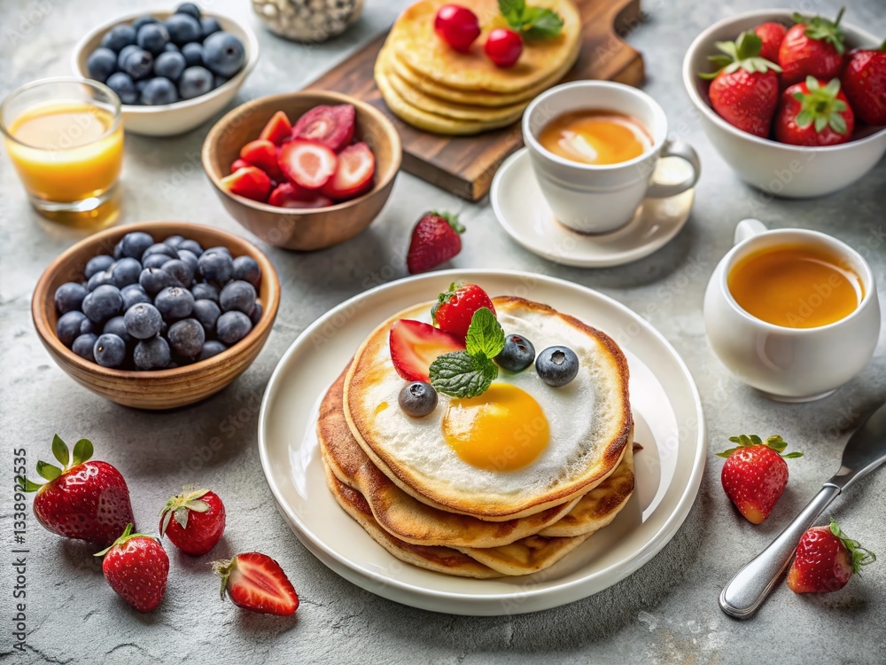 Minimalist Abundant Breakfast: Pancakes, Bacon, Eggs, Fruit & Yogurt Minimalist Abundant Breakfast: Pancakes, Bacon, Eggs, Fruit & Yogurt