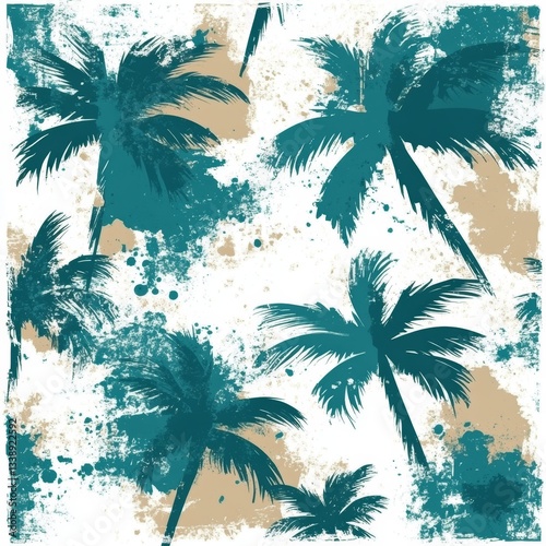 Coconut palm trees depicted in an abstract manner, over a striped background, creating a seamless tropical pattern