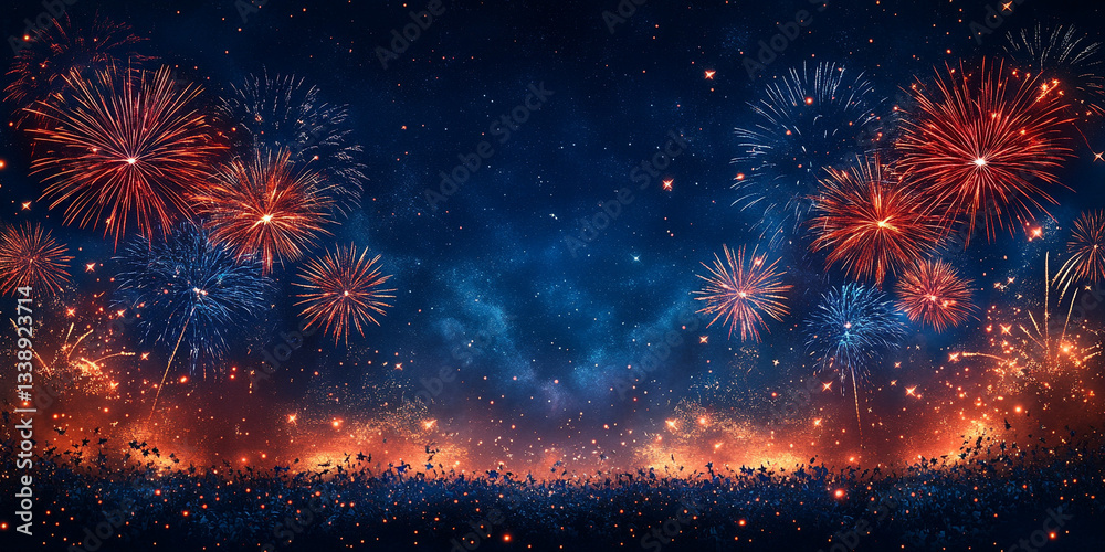 Fototapeta premium Vintage fireworks pattern, stars and stripes of the US flag on a blue background. Independence Day. Space for the text.
