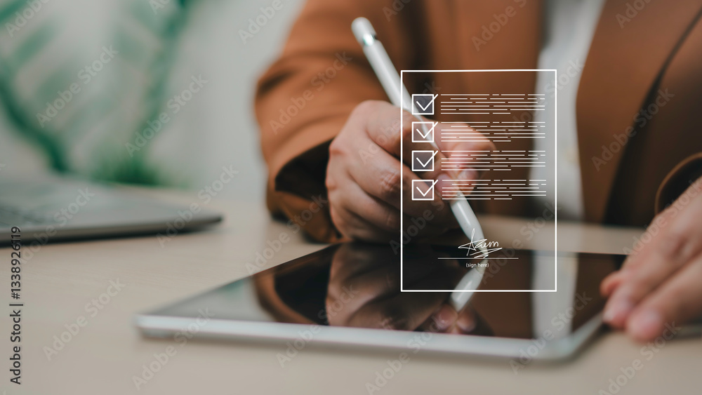 Digital document signing and online contract approval concept. User signs electronically on tablet, digital checklists, e-signature technology, business agreement, and secure verification.