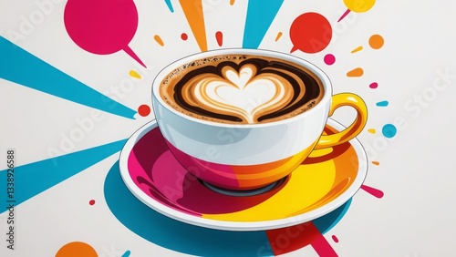 Colorful coffee cup with latte art and vibrant splash design