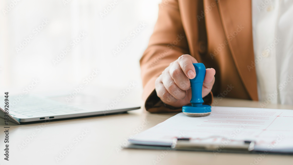 Approval and certification concept. Professional stamping documents for official verification, compliance, business authorization, legal validation, contract approval, and administrative paperwork.