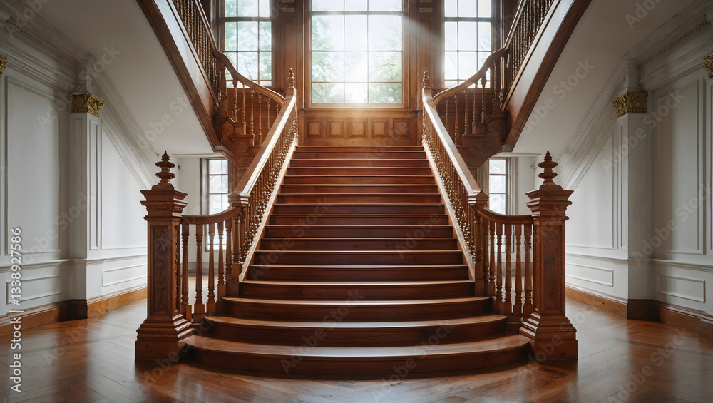 Obraz premium Refined wooden staircase bathed in soft sunlight in a classic, spacious hall