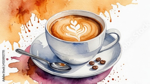 Detailed watercolor illustration of a latte art coffee cup with splashes