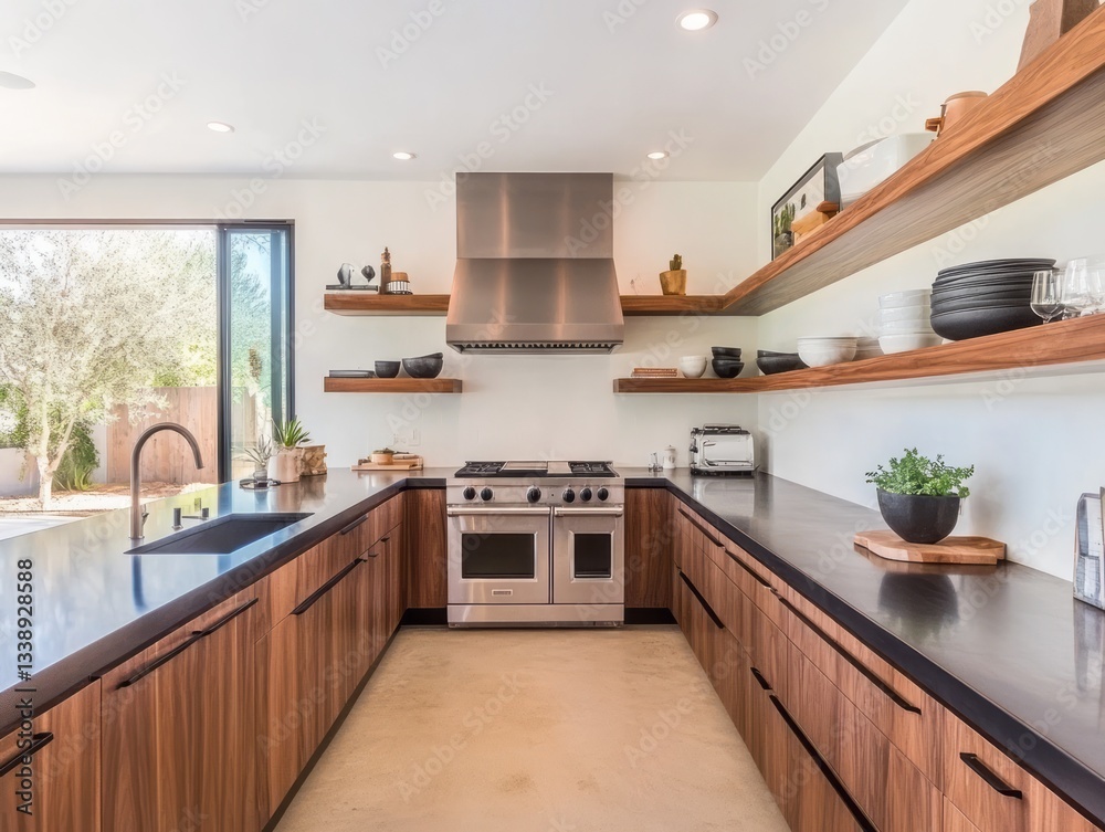 Contemporary u shaped kitchen with stainless steel appliances and wooden shelves Contemporary u shaped kitchen with stainless steel appliances and wooden shelves