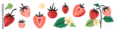 Cute Strawberry set, whole and half berries, leaves and flowers. Trendy modern vector illustration isolated on white background, hand drawn, flat design