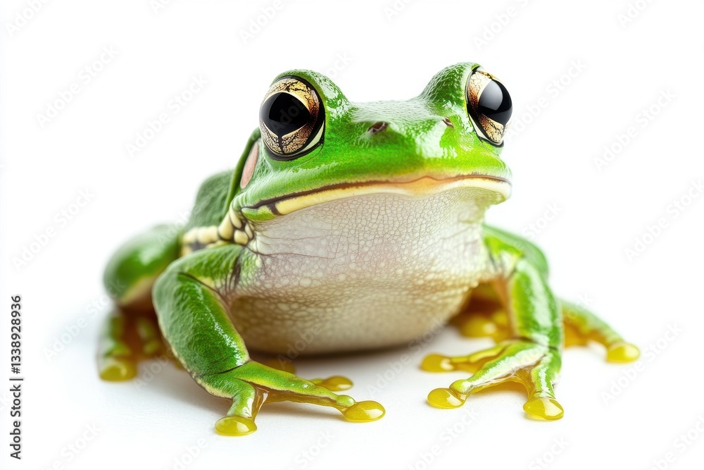 Green frog sits on a smooth surface with captivating reflections during a bright day in a natural setting Green frog sits on a smooth surface with captivating reflections during a bright day in a natural setting