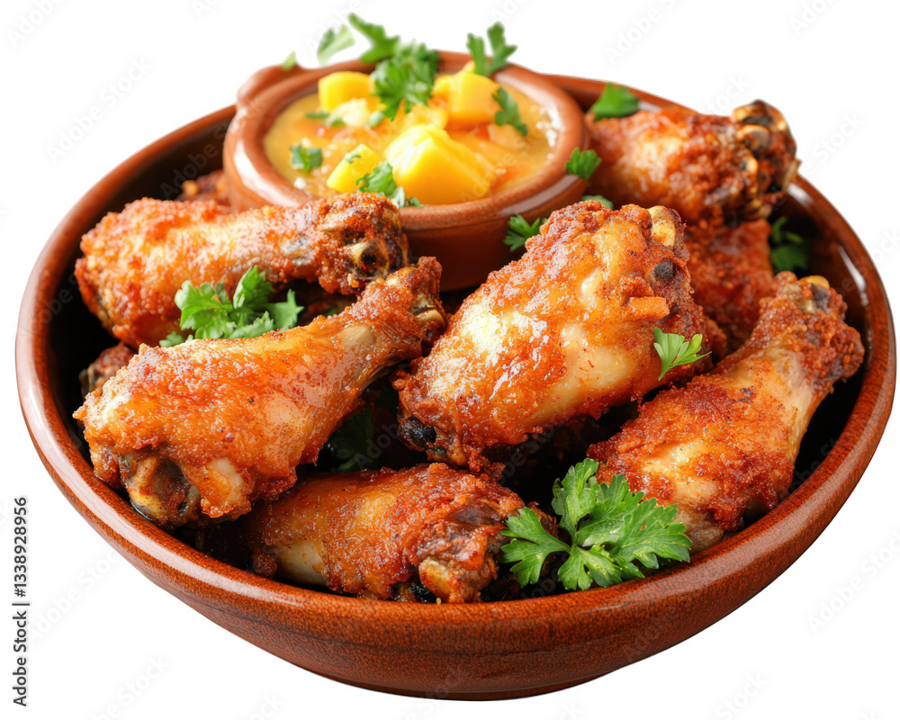 Crispy coconut crusted chicken wings served with mango dipping sauce, garnished with fresh herbs. Perfect for parties or casual gatherings Crispy coconut crusted chicken wings served with mango dipping sauce, garnished with fresh herbs. Perfect for parties or casual gatherings