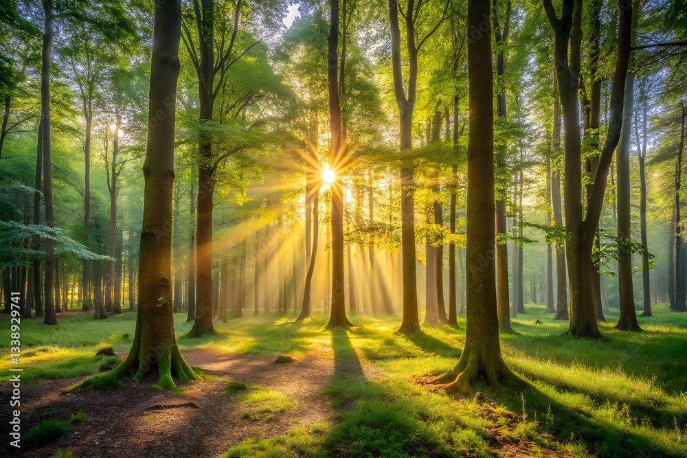 Fototapeta premium tranquil atmosphere of a clearing in a forest, where sunlight filters through thick trees and lights up ground