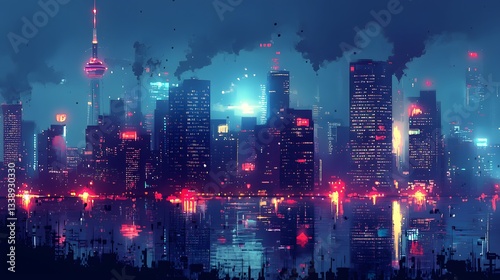 Wallpaper Mural 94. A minimal city skyline at night, softly illuminated by scattered lights and reflective surfaces. Torontodigital.ca