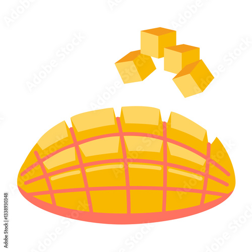 Ripe juicy mango cubes, sliced tropical fruit. Modern vector illustration isolated on white background, hand drawn, flat design