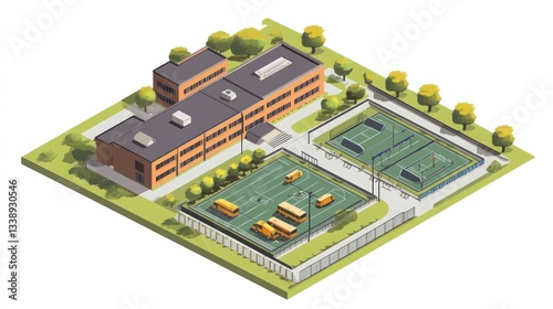 School campus isometric view with sports fields and buses