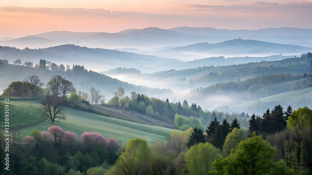 Obraz premium Gentle hills and forests with light mist, evoking a dreamlike atmosphere, soft morning haze, mystical landscape, peaceful Carpathian beauty