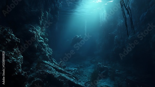 An explorer discovering a secret trench where ancient, forgotten marine species thrive in complete darkness 